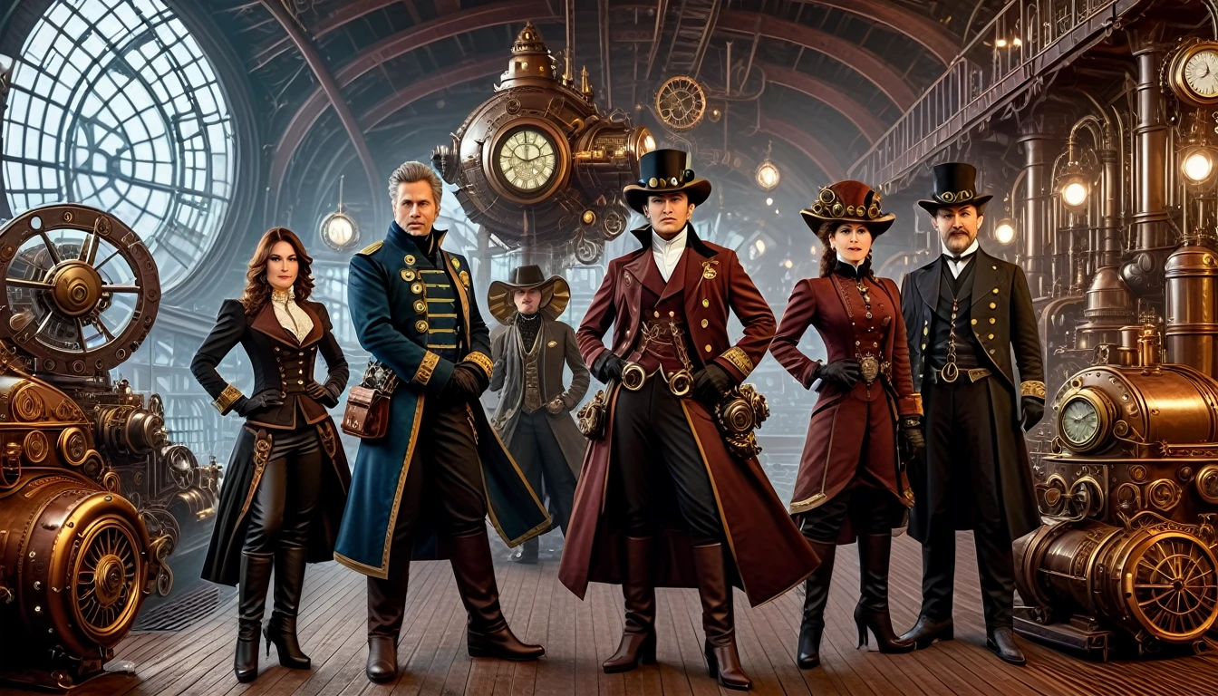 The five Starfleet captains in a steampunk setting, with Victorian-inspired clothing, mechanical elements, and a fantastical, industrial background.