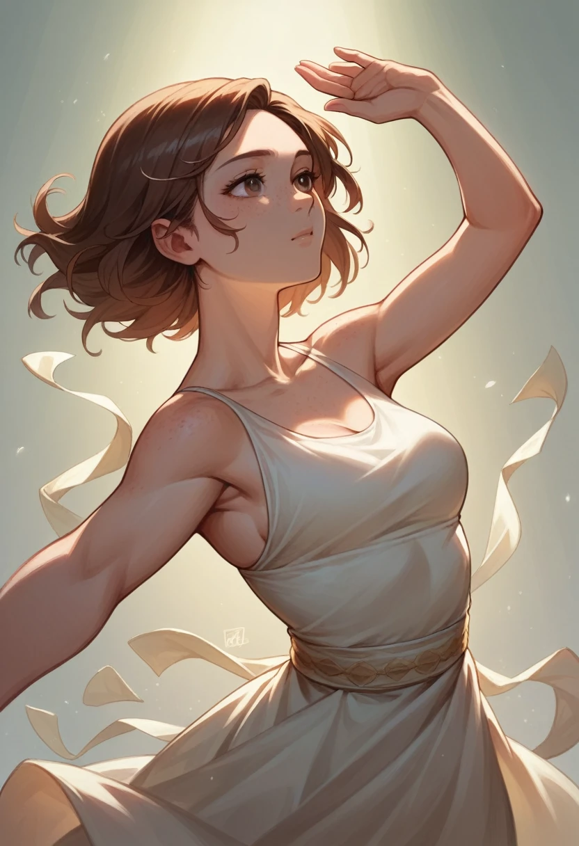Illustration, detailed illustration, dynamic angle, ultra detailed, best quality, 1girl, 30 year old woman, beautiful, short brown hair, big brown eyes, light freckles, dancing, empty background, starfield in backgroind