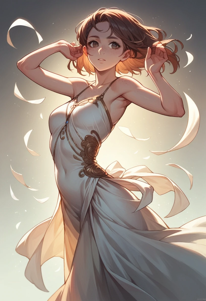 Illustration, detailed illustration, dynamic angle, ultra detailed, best quality, 1girl, 30 year old woman, beautiful, short brown hair, big brown eyes, light freckles, dancing, empty background, starfield in backgroind