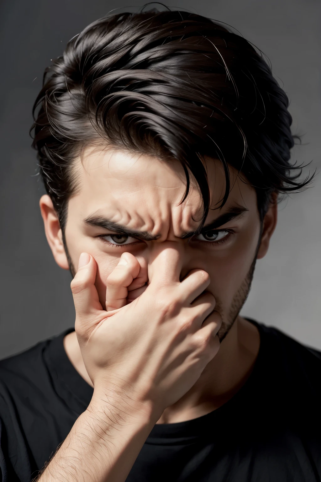 Angry man with his hand on his face 
