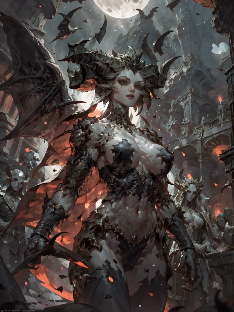 a fantasy image, a cave full of bones and skulls, it should show a faint moonlight, in the center of the image there should be a woman with long bat wings and long horns, the background should be a clear night sky with a moon red behind.