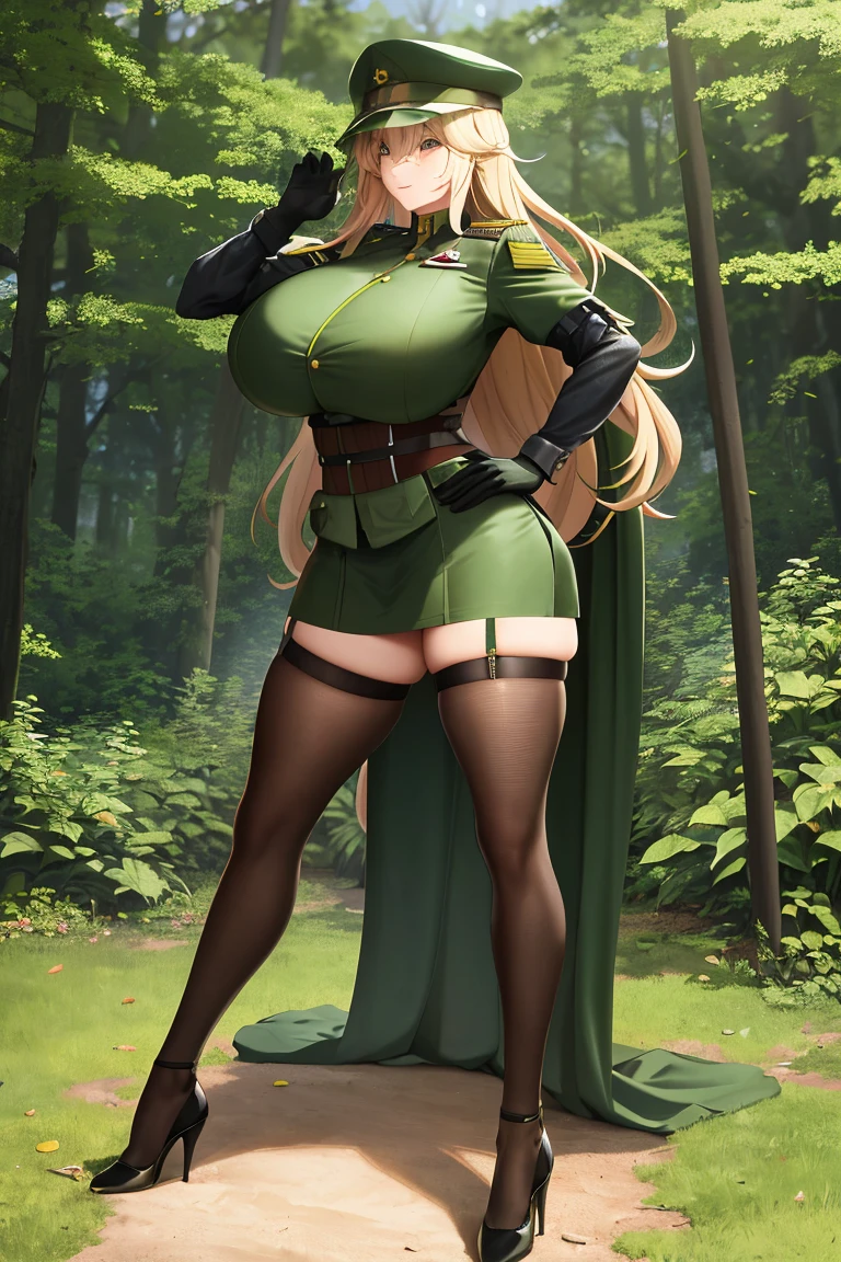 A woman，Long blond hair，Soldier，Green helmet，in the forest，Wearing a black bikini，Long legs，Nipple protrusion，Twenties，exposed，Black high heels，Huge breasts，超级Huge breasts，Standing