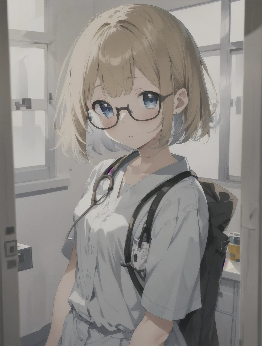 masterpiece, 最high quality, high quality, Wear a lab coat over your scrubs, hospital exam room, ((Stethoscope)), One girl,(hospital, operating room, clinic,clinic),  (Kimiko Shimoto), (One girl, 3DCG 05, 前hair, blonde_hair, blue eyes, blunt 前hair, Bobcut, brown hair, 茶色のフレームのGlasses, Glasses, hair intakes, Inverted Bob, Eileen Bradford, short hair, Small breasts, alone),