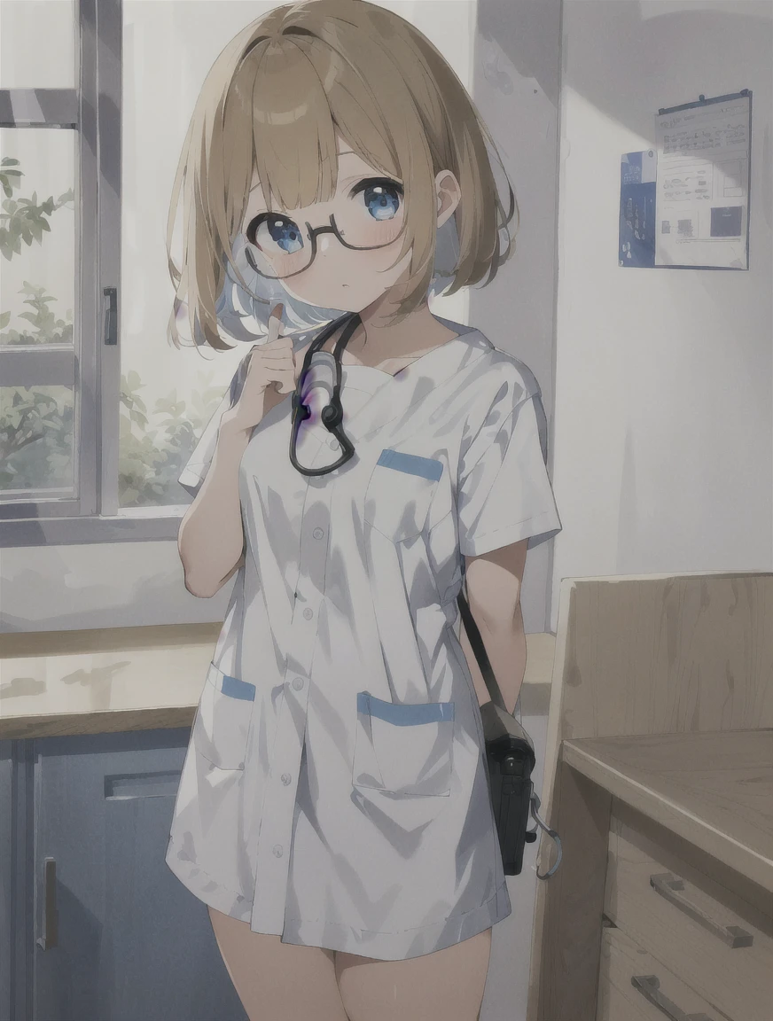 masterpiece, 最high quality, high quality, Wear a lab coat over your scrubs, hospital exam room, ((Stethoscope)), One girl,(hospital, operating room, clinic,clinic),  (Kimiko Shimoto), (One girl, 3DCG 05, 前hair, blonde_hair, blue eyes, blunt 前hair, Bobcut, brown hair, 茶色のフレームのGlasses, Glasses, hair intakes, Inverted Bob, Eileen Bradford, short hair, Small breasts, alone),