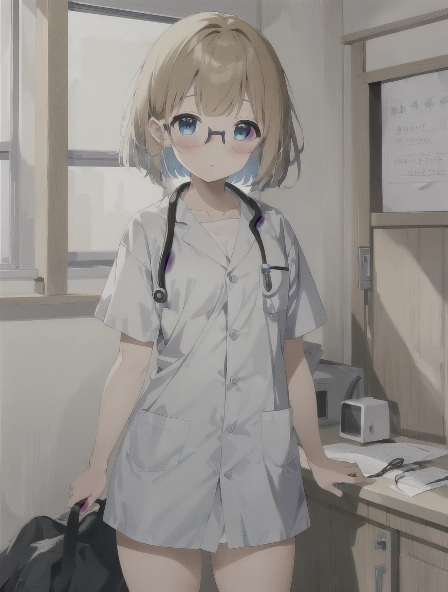 masterpiece, 最high quality, high quality, Wear a lab coat over your scrubs, hospital exam room, ((Stethoscope)), One girl,(hospital, operating room, clinic,clinic),  (Kimiko Shimoto), (One girl, 3DCG 05, 前hair, blonde_hair, blue eyes, blunt 前hair, Bobcut, brown hair, 茶色のフレームのGlasses, Glasses, hair intakes, Inverted Bob, Eileen Bradford, short hair, Small breasts, alone),