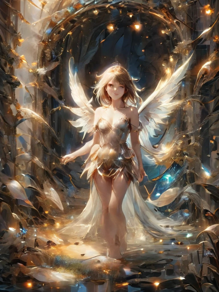 Faye, Full-length portrait of a girl,((Beautiful young girl with swan wings))、A perfect smile、 In a secret hideout, The enchanting garden invites you, Delicate flowers that give off a magical feeling, Makes objects made of Lal Amber appear transparent, Intricate details, Abstract, Whimsical,