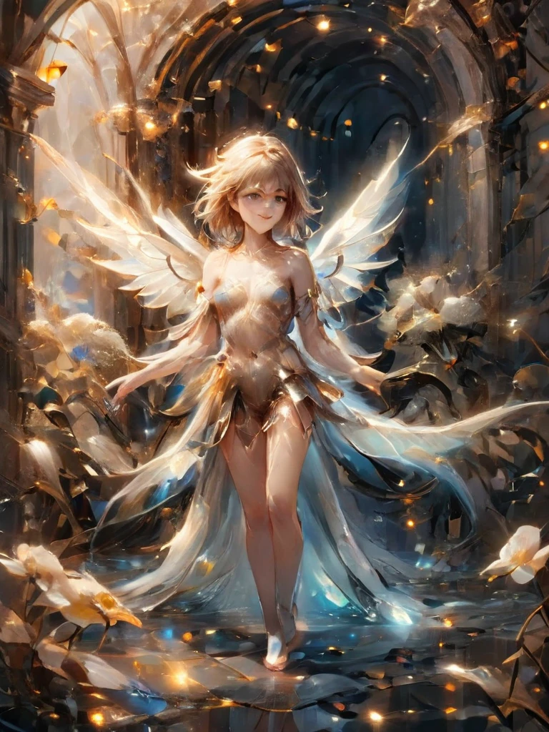 Faye, Full-length portrait of a girl,((Beautiful young girl with swan wings))、A perfect smile、 In a secret hideout, The enchanting garden invites you, Delicate flowers that give off a magical feeling, Makes objects made of Lal Amber appear transparent, Intricate details, Abstract, Whimsical,