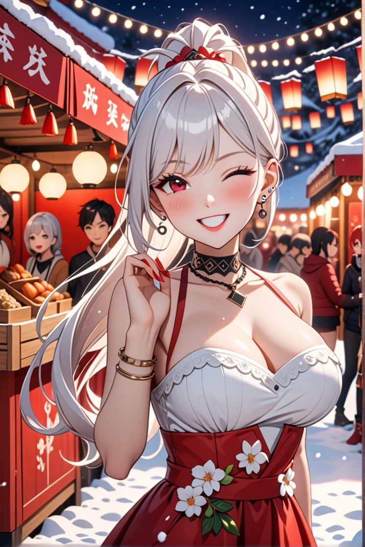 (ultra-detailed),((one girl)), hyper detailed, absurdres, 8K,Cute face, Beautiful Face, ((Doing sexy poses:1.4)), ((laugh:1.8)), ((Wink:1.8)), (Laugh with your mouth wide open),(Tilt your head:1.3), View your viewers, ((Bright red cheeks:1.6)),Glossy Red Lips, ((Big Breasts:1.4)) night, Festival stalls on high ground, (Brighten your face), ((Anime style background)),masterpiece, Highest quality, so beautiful,Latest, Complex details, (Pink long nails), (nail art), (ring),(bracelet), (helix piercing:1.7), (Floral Choker),AI-generated, Complex,High resolution, Highest quality, super high quality,3D Images、3D Images,One person,Long white hair,(High Ponytail), Anime woman posing for a photo, ((beautiful eyes)), ((Snow White's Eyes :1.2)), ((Fine grain、Grey Eyes、Shining Eyes:1.3)), (Squint your eyes:1.1),a hyperRealistic , hyperRealistic , Realistic,Anime woman with long white hair, Smooth anime CG art, With gold embroidery、A girl in a gorgeous kimono, ((Black long sleeve kimono:1.3)),(Red large floral pattern) ,Long flower hair ornament,(black high heel sandals), Floral Earrings,Mature Body, expensive,Abdominal muscles,Tight waist,((full body:1.4)), (front view),