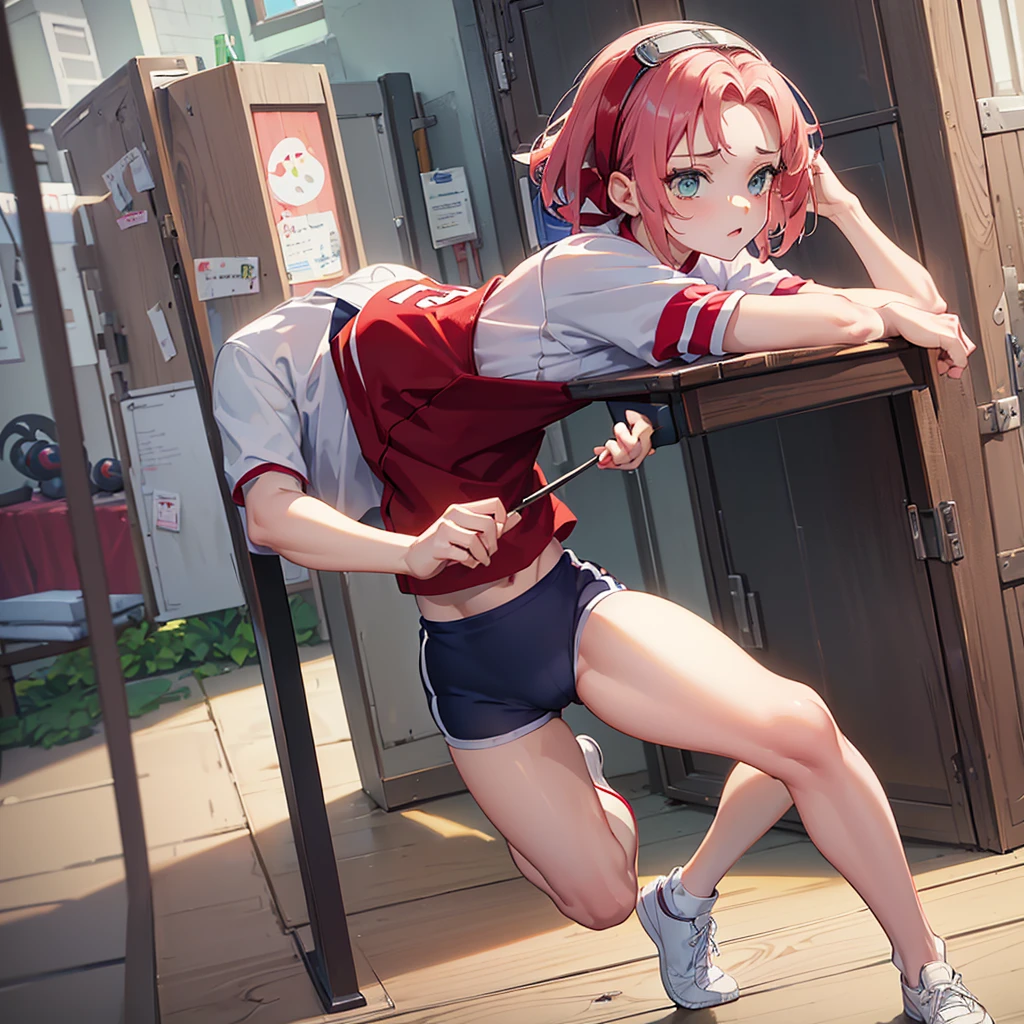 (best quality)), ((Masterpiece)), (Detailed), Perfect Face,1girl,harunoshipp, hairband, forehead protector,(gym uniform,red buruma, white shirt, short sleeves, thighs:1.3), indoors, locker room,