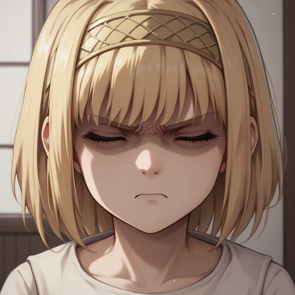 score_9, score_8_up, score_7_up, ymir fritz,1girl, solo, hairband, blonde hair, bangs,  medium hair,shaded face,white dress, short sleeves, room, , close up, angry, closed eyes, head up, looking up, neck, swallow, swallowing,
