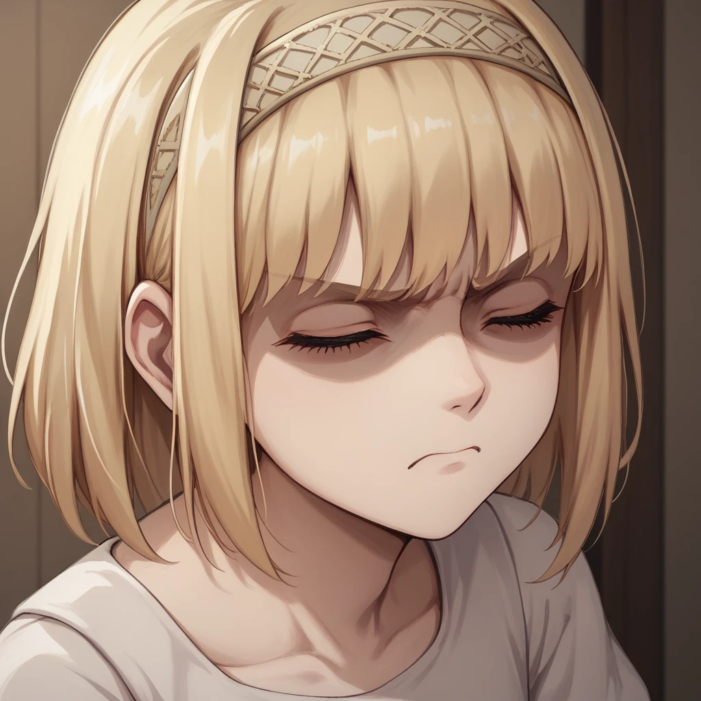 score_9, score_8_up, score_7_up, ymir fritz,1girl, solo, hairband, blonde hair, bangs,  medium hair,shaded face,white dress, short sleeves, room, , close up, angry, closed eyes, head up, looking up, neck, swallow, swallowing,
