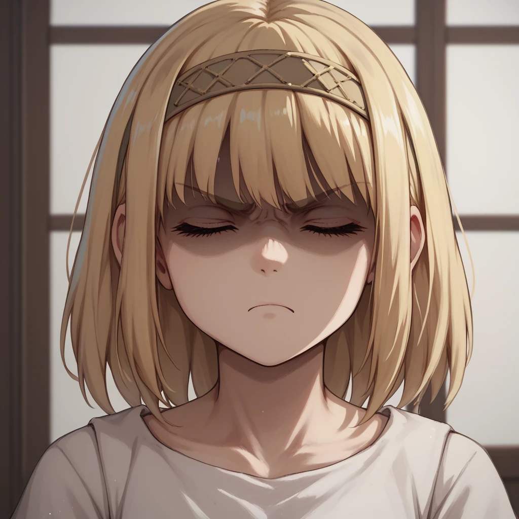 score_9, score_8_up, score_7_up, ymir fritz,1girl, solo, hairband, blonde hair, bangs,  medium hair,shaded face,white dress, short sleeves, room, , close up, angry, closed eyes, head up, looking up, neck, swallow, swallowing,
