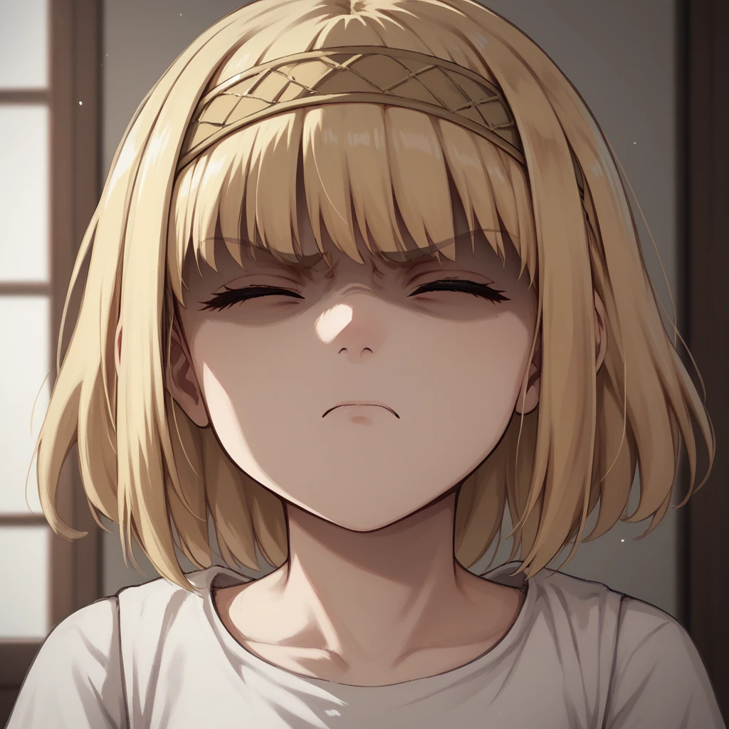 score_9, score_8_up, score_7_up, ymir fritz,1girl, solo, hairband, blonde hair, bangs,  medium hair,shaded face,white dress, short sleeves, room, , close up, angry, closed eyes, head up, looking up, neck, swallow, swallowing,
