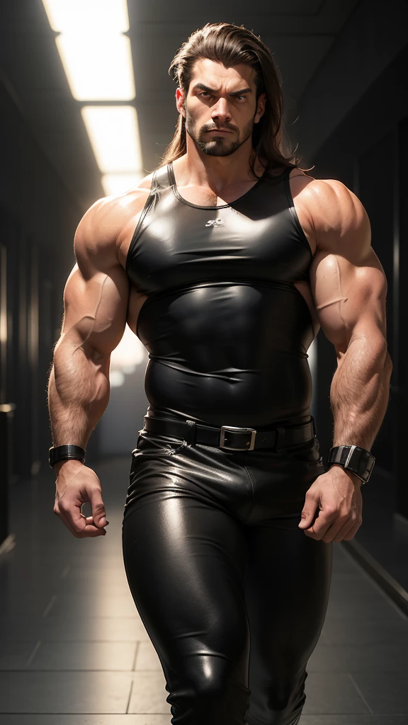 8k realistic image of handsome guy, Strongman, 25 years, Brown long hair, Brown eyes, Wearing a simple black leather tank top and tight black leather pants, He has a black bandage on his arm, annoyed expression, Walking in the wide corridors of the palace, anime style art,big biceps,muscular body