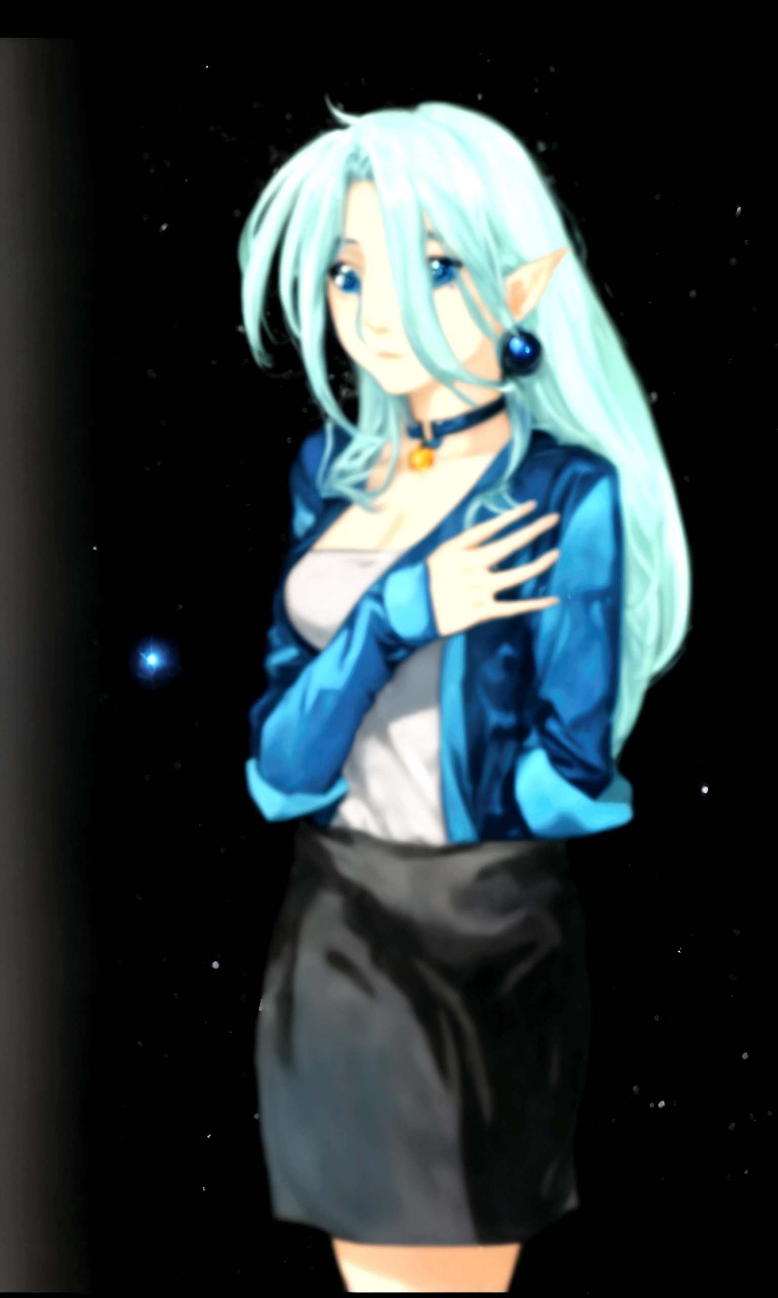 adult woman with blue hair and a blue jacket in front of a space background, inspired by Leiko Ikemura,, portrait anime space cadet girl, Elven spirit meditating in space, :14 80s anime style, portrait girl of the zodiac