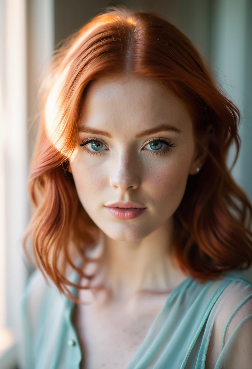 portrait, red hair, shot on Leica, shadowplay, gorgeous lighting, subtle pastel hues, cute, pretty, 8k, 