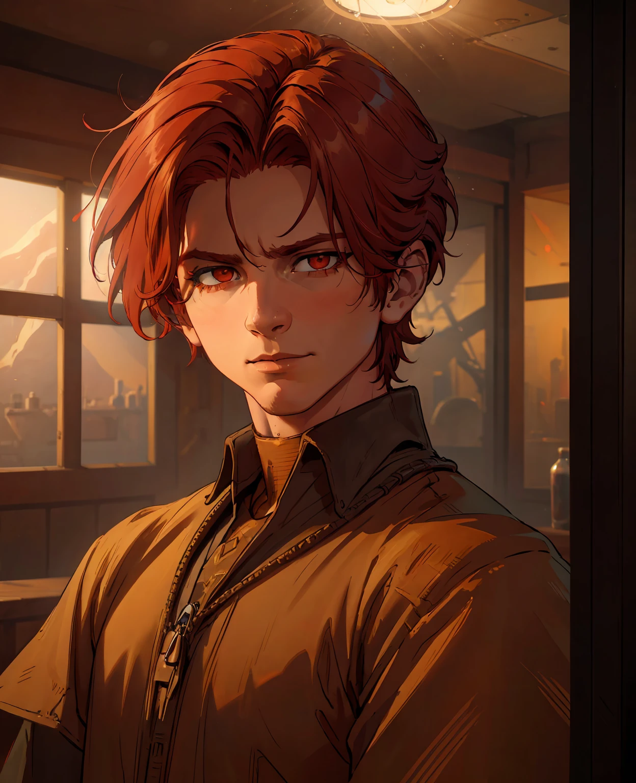 a man with bright red hair, cinematic lighting, dramatic pose, hyper realistic, oil painting, intricate details, chiaroscuro, moody atmosphere, warm color palette, highly detailed face and eyes, sharp focus, cinematic composition, dramatic lighting, epic scale, masterpiece