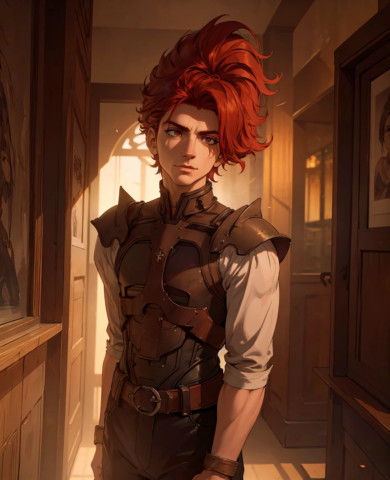 a man with bright red hair, cinematic lighting, dramatic pose, hyper realistic, oil painting, intricate details, chiaroscuro, moody atmosphere, warm color palette, highly detailed face and eyes, sharp focus, cinematic composition, dramatic lighting, epic scale, masterpiece