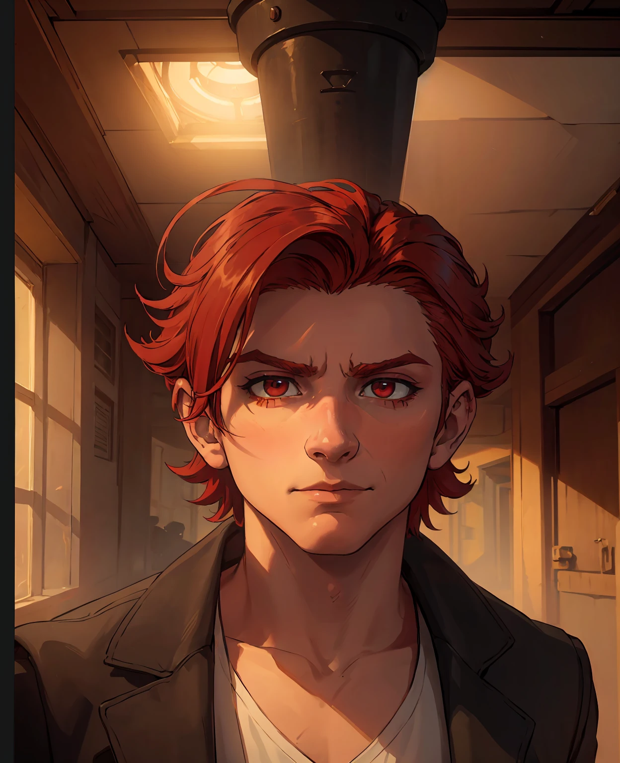 a man with bright red hair, cinematic lighting, dramatic pose, hyper realistic, oil painting, intricate details, chiaroscuro, moody atmosphere, warm color palette, highly detailed face and eyes, sharp focus, cinematic composition, dramatic lighting, epic scale, masterpiece