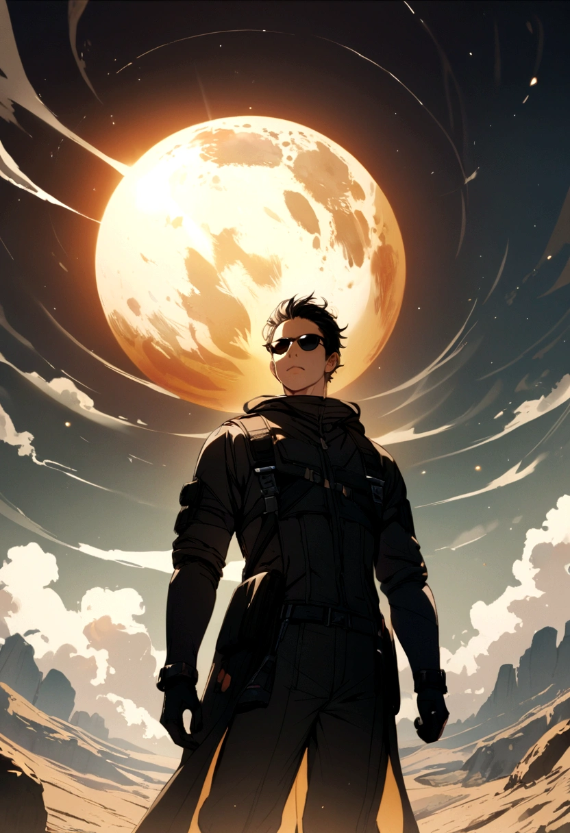 A boy standing on sun with black sunglasses