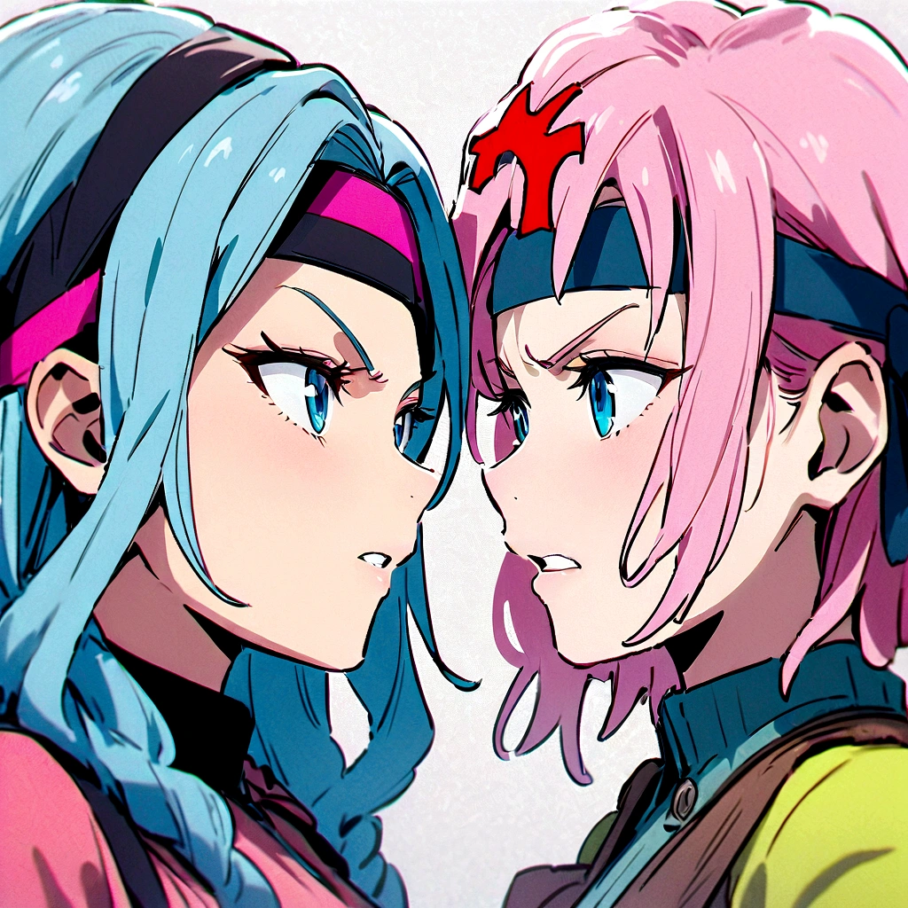 2People Women、quarrel、quarrel、Looking at each other、insult each other、Angry、Pink Hair、Drill Twin、Headband、blue eyes
