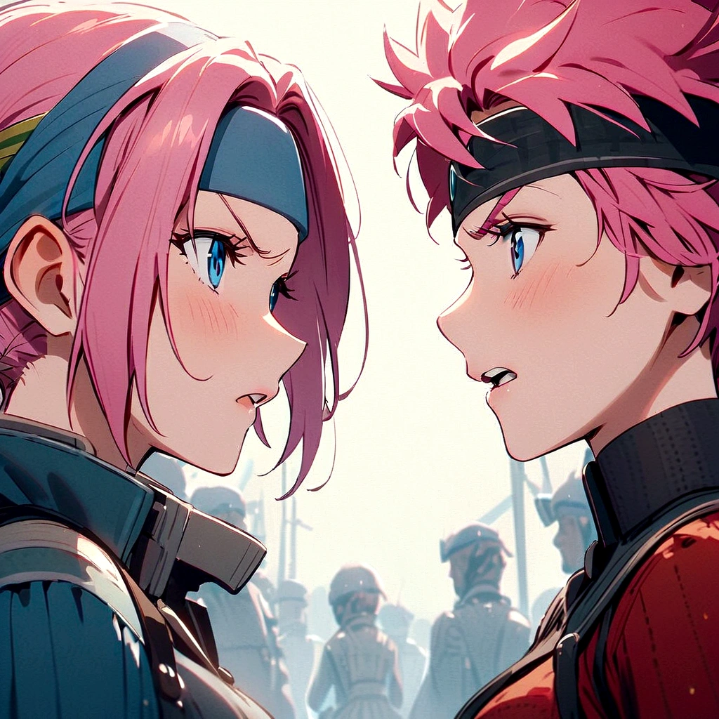 2People Women、quarrel、quarrel、Looking at each other、insult each other、Angry、Pink Hair、Drill Twin、Headband、blue eyes