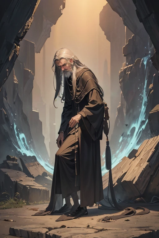 petulant old wizard, skinny, lanky, long ruffled whispy hair