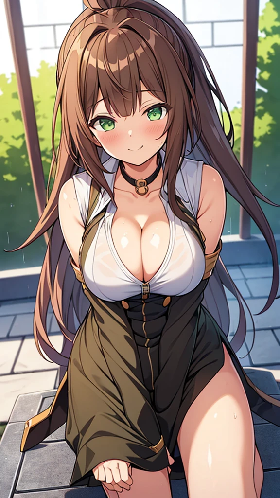 masterpiece, Highest quality, Official Art, (Highly detailed CG Unity 8k wallpaper), Detailed Background, (The Hands of Guido Daniele: 1.1), The legs are off the frame, First Person View, 1, Attractive and perfect beautiful woman, Female student, JK, Female student Uniform, Wet day, Lots of rain, the wind is strong, (Curvaceous), ( White thighs: 1.12), (Brown long hair: 1.12), (Ahoge (1.13), (High Ponytail: 1.12), (Green Eyes: 1.13), big, (Cleavage), Beautiful Face, (blush: 1.11), (smile: 1.11), male,penis, (Vaginal sex), Intense, Shake, bound, NSFW