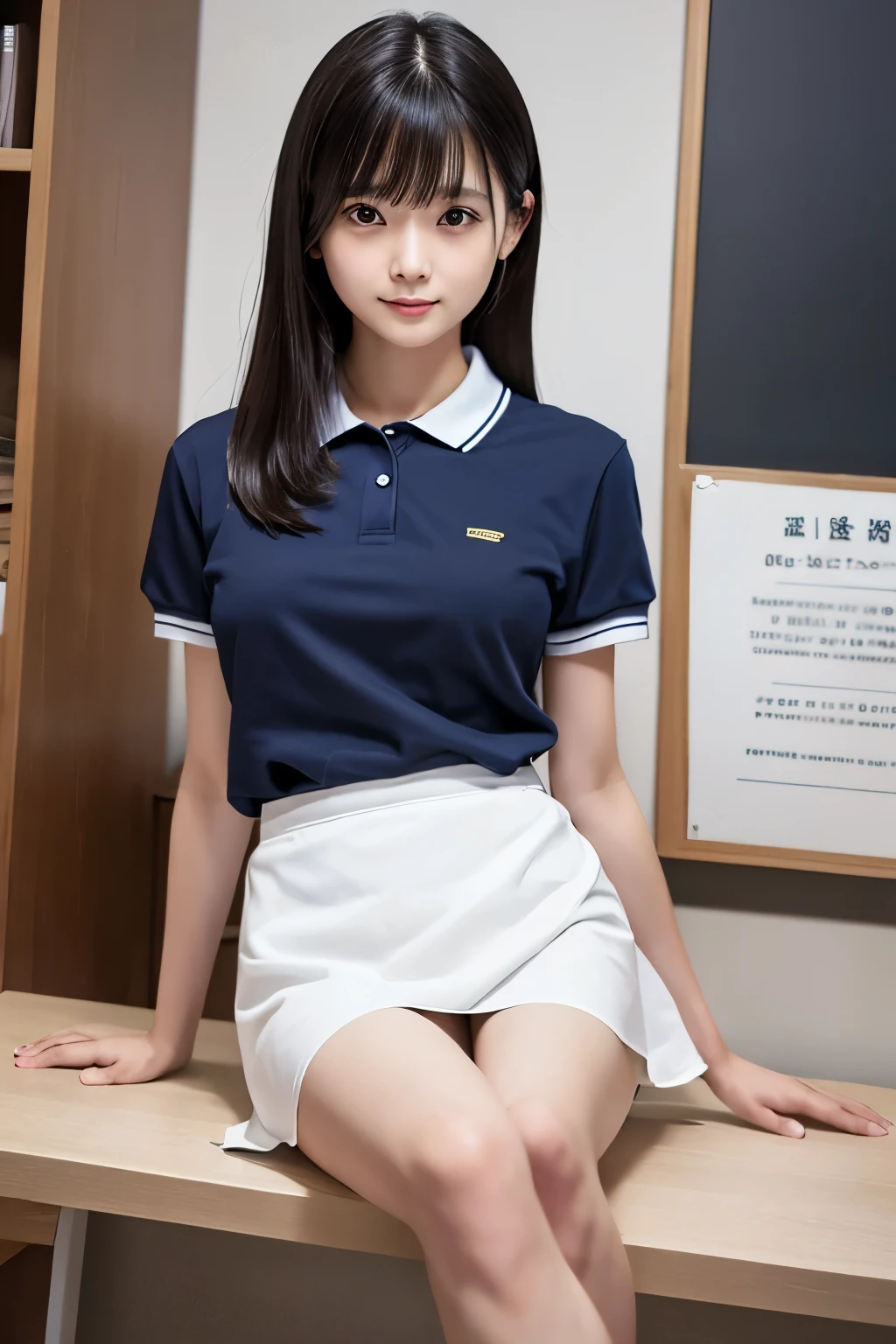 Japanese、high school student、18-year-old、Medium build、Beauty、Facing forward、Correct left and right eyes、He is wearing a long navy blue short-sleeved polo shirt、She is wearing a grey tight long skirt、Sitting in a chair、Hands behind back、((Her white underwear is visible between her skirt and legs.))、(Wearing white panties)、She is facing the camera with both knees together.、Anatomically correct body、, black hair, hair over shoulder, straight hair, expressive hair, shiny hair, asymmetrical bangs, seductive smile, Surrealism, Verism, cinematic lighting, reflection light, first-person view, Nikon, f/1.2, UHD, masterpiece, textured skin, high details, award winning, best quality, highres, 8k, super detail