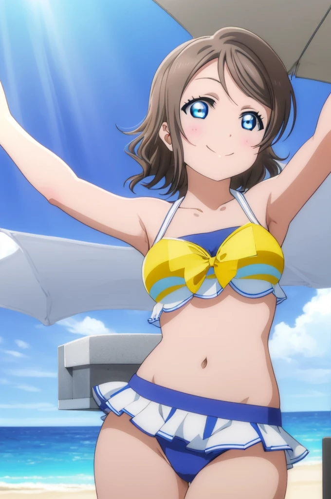 (((pixel-perfect, detail-perfect))), solo, 1girl, you watanabe, eyes azzur, smile, bikini, summer beach, armpit, big filesize, ultra High Qality