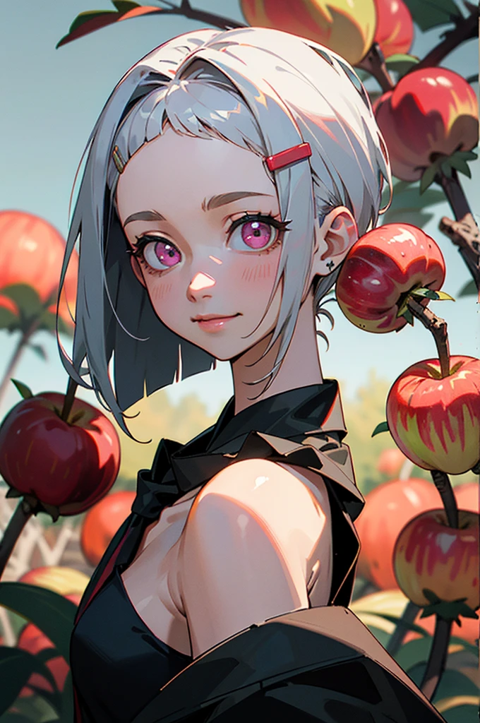 17-year-old female、Silver and bob short hairstyle, Tie your hair up with a hair clip, Pink Eyes、、Big smile、one piece、(High Top Fade:1.3)、Dark Theme、Calm colors調、Calm colors、High contrast、Green meadow background、Taste autumn fruits、apple、(Natural skin texture、Hyperrealism、Soft Light、sharp)