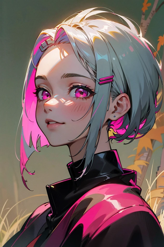 17-year-old female、Silver and bob short hairstyle, Tie your hair up with a hair clip, Pink Eyes、、Big smile、one piece、(High Top Fade:1.3)、Dark Theme、Calm colors調、Calm colors、High contrast、Green meadow background、Taste autumn fruits、apple、(Natural skin texture、Hyperrealism、Soft Light、sharp)