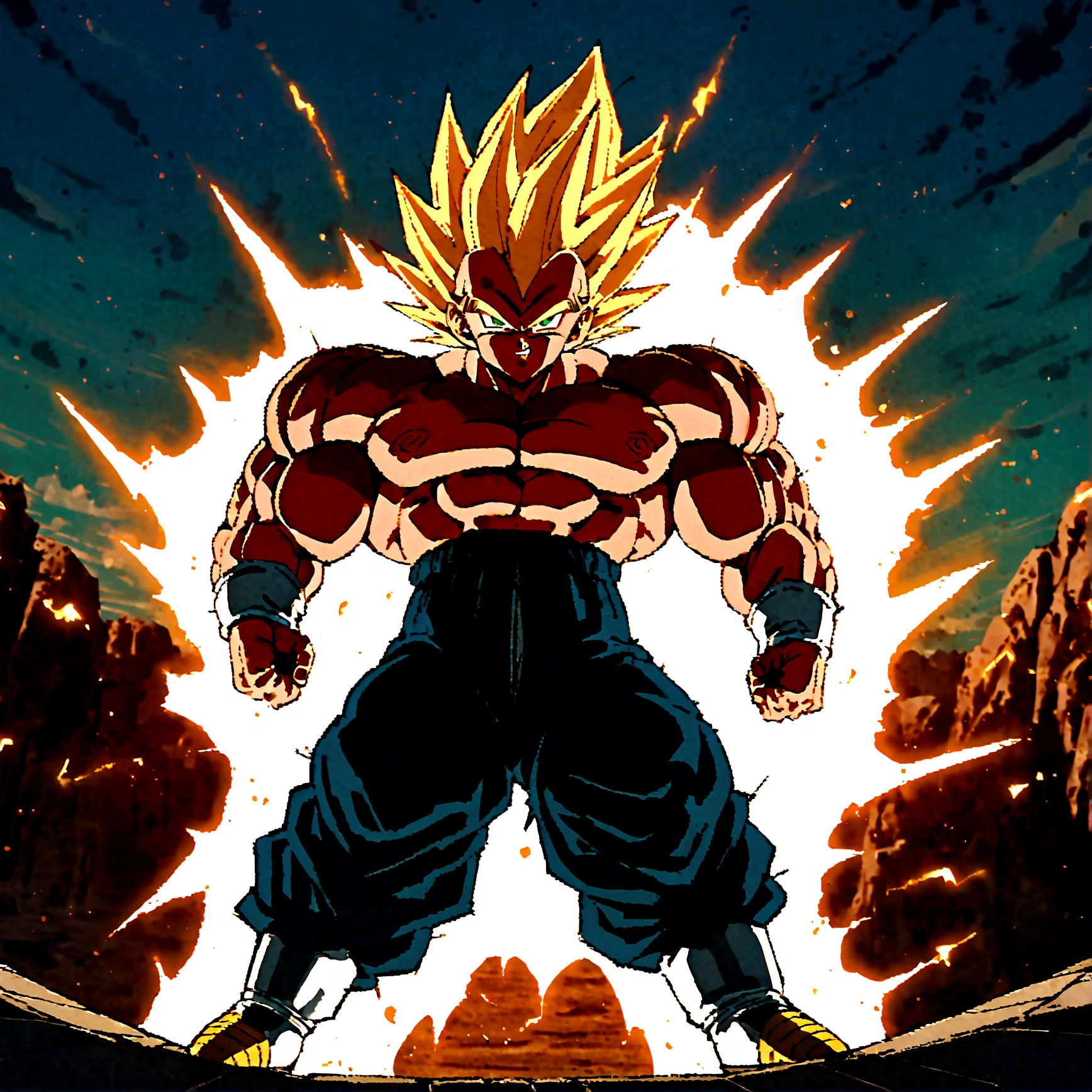 1boy, Vegeta, from Dragon Ball Z, Vv2essjnss, yellow hair, spiked hair, green eyes, male focus, straddle stance, (huge muscles:1.5), full body, yellow aura, electricity, Dragon Ball Z artstyle, in the style of Akira Toriyama, white tiled floor, outdoors, flat-top mountains, Extreme Wide shot, Low Angle Shot, , masterpiece, best quality, very aesthetic, absurdres