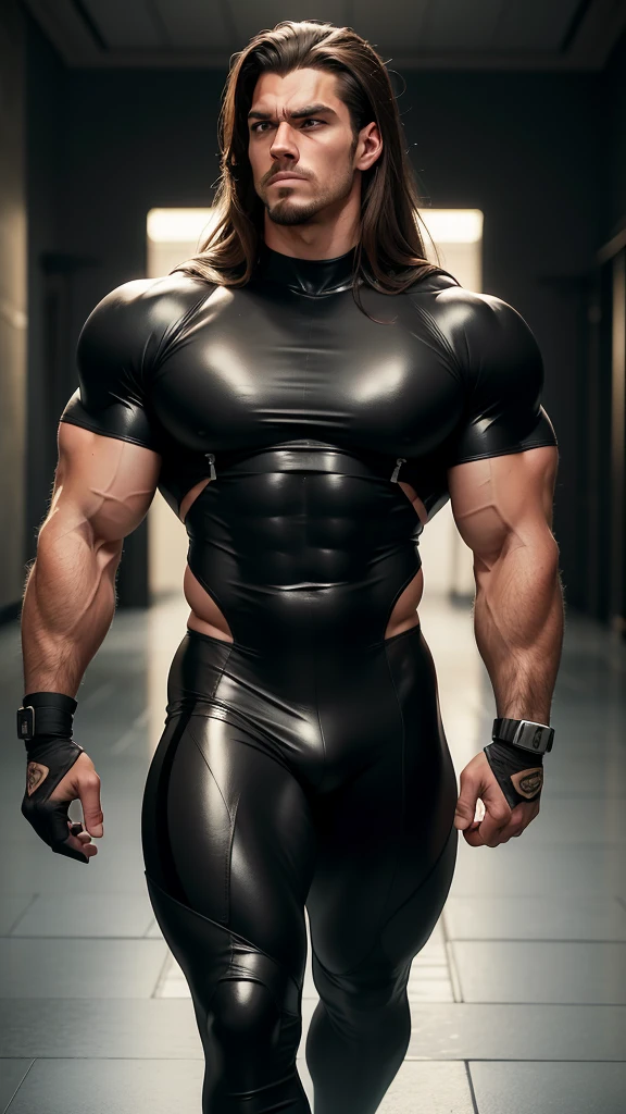 8k realistic image of handsome guy, Strongman, 25 years, Brown long hair, Brown eyes, Wearing a simple black rubber tight suit,He has a black bandage on his arm, annoyed expression, Walking in the wide corridors of the palace, anime style art,big biceps,muscular body
