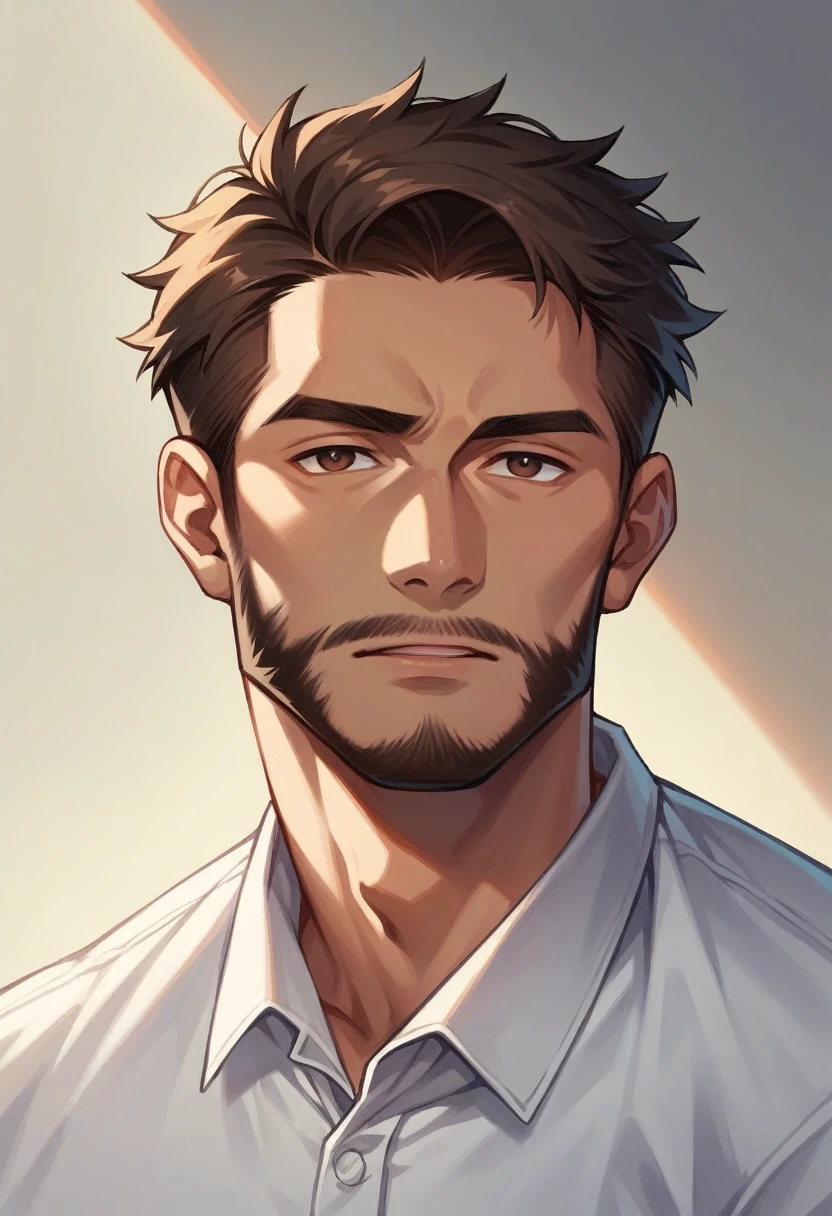 Create a 30-year-old man with a beard, intellectual style, brownish skin, re-turned nose, Brown eyes, defined lips, dark brown hair, straight, Modern hairstyle, with a basic white shirt