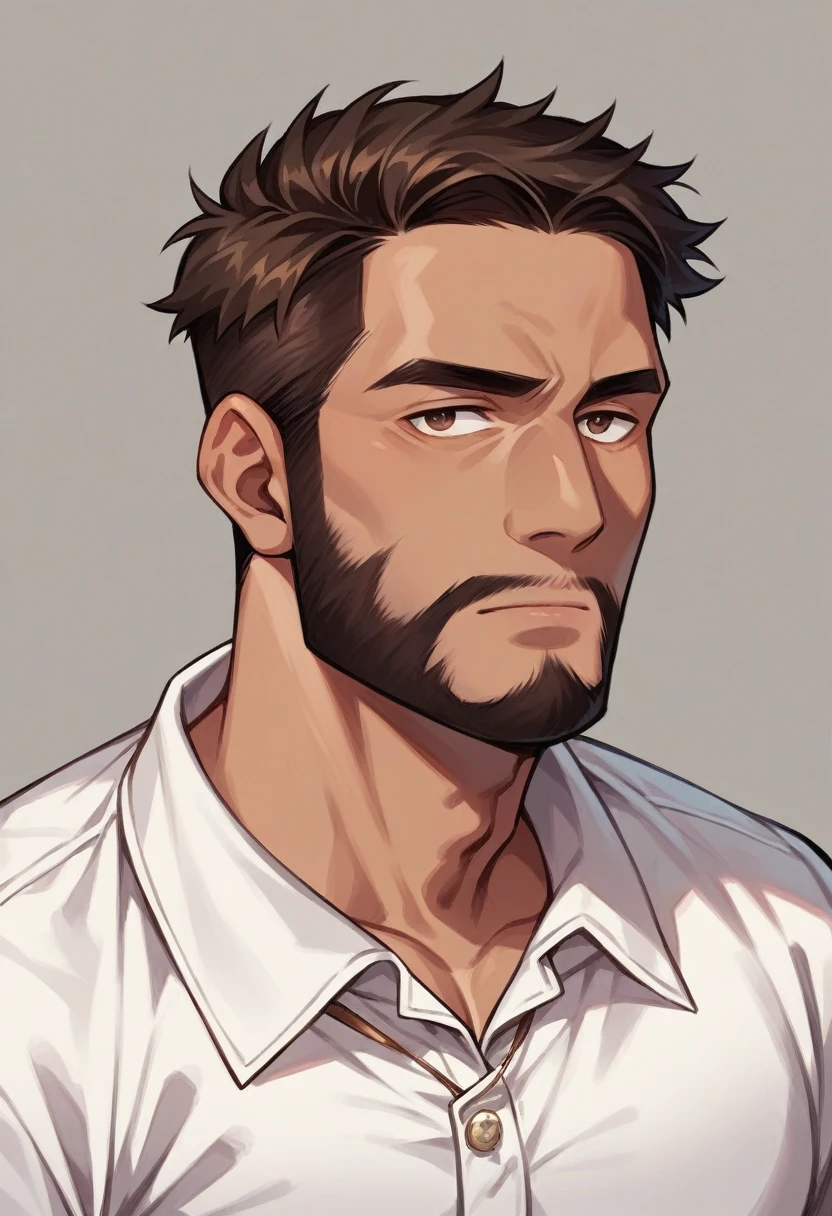 Create a 30-year-old man with a beard, intellectual style, brownish skin, re-turned nose, Brown eyes, defined lips, dark brown hair, straight, Modern hairstyle, with a basic white shirt