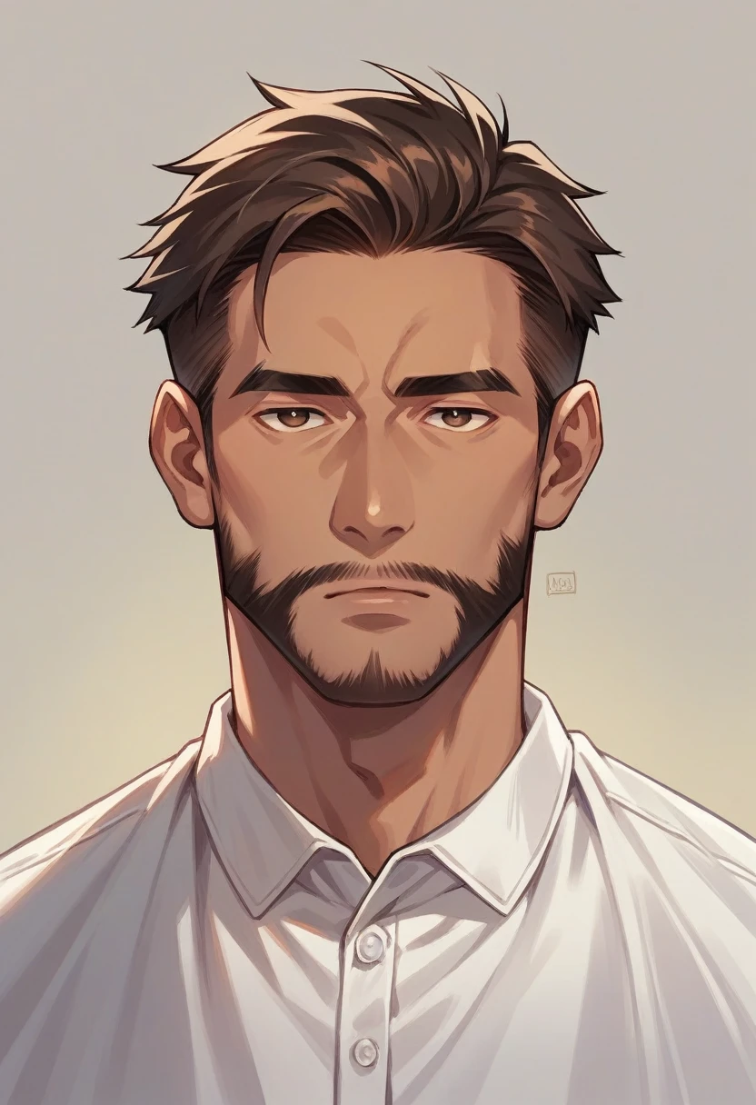 Create a 30-year-old man with a beard, intellectual style, brownish skin, re-turned nose, Brown eyes, defined lips, dark brown hair, straight, Modern hairstyle, with a basic white shirt