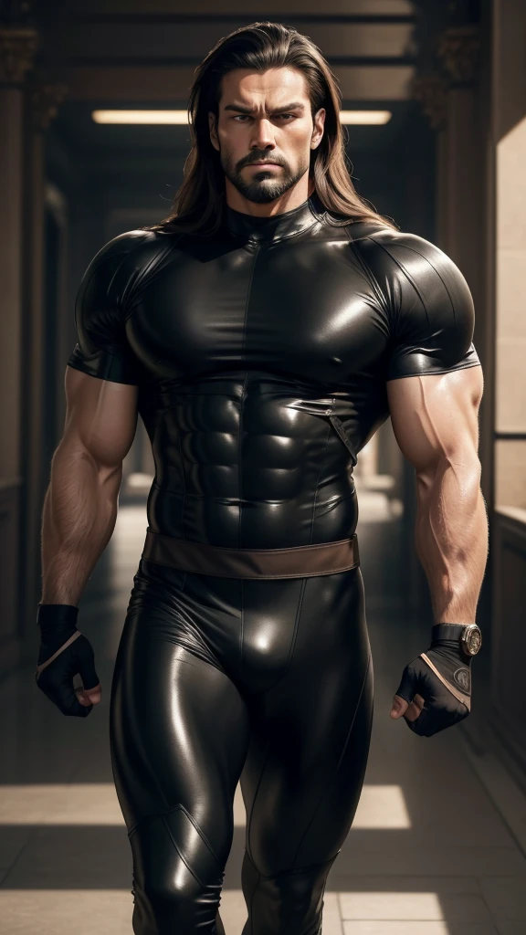 8k realistic image of handsome guy, Strongman, 25 years, Brown long hair, Brown eyes, Wearing a simple black rubber tight suit,He has a black bandage on his arm, annoyed expression, Walking in the wide corridors of the palace, anime style art,big biceps,muscular body