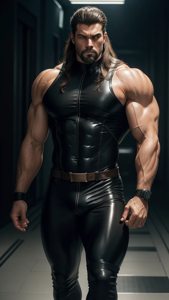 8k realistic image of handsome guy, Strongman, 25 years, Brown long hair, Brown eyes, Wearing a simple black rubber tight suit,He has a black bandage on his arm, annoyed expression, Walking in the wide corridors of the palace, anime style art,big biceps,muscular body
