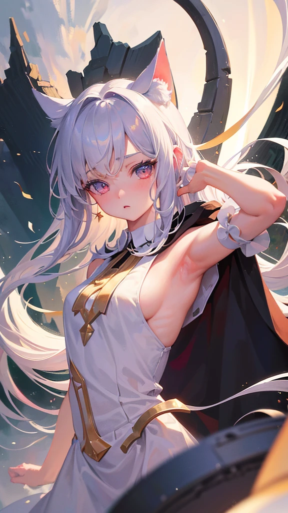 Tsundere 18 year old girl, beautiful and delicate eyes, beautiful lips, Highly detailed eyes and face, long eyelashes, 1girl, white cat ears,foot long bag, Front view, red eyes, (best quality, 4K, 8K, high resolution, masterpiece:1.2), Ultra-detailed, (realistic, realistic, realistic, realistic: 1.37), big bust, Scythe, elegant, fantasy, soft lighting, white background,holding a weapon, maid uniform, Showing armpits,