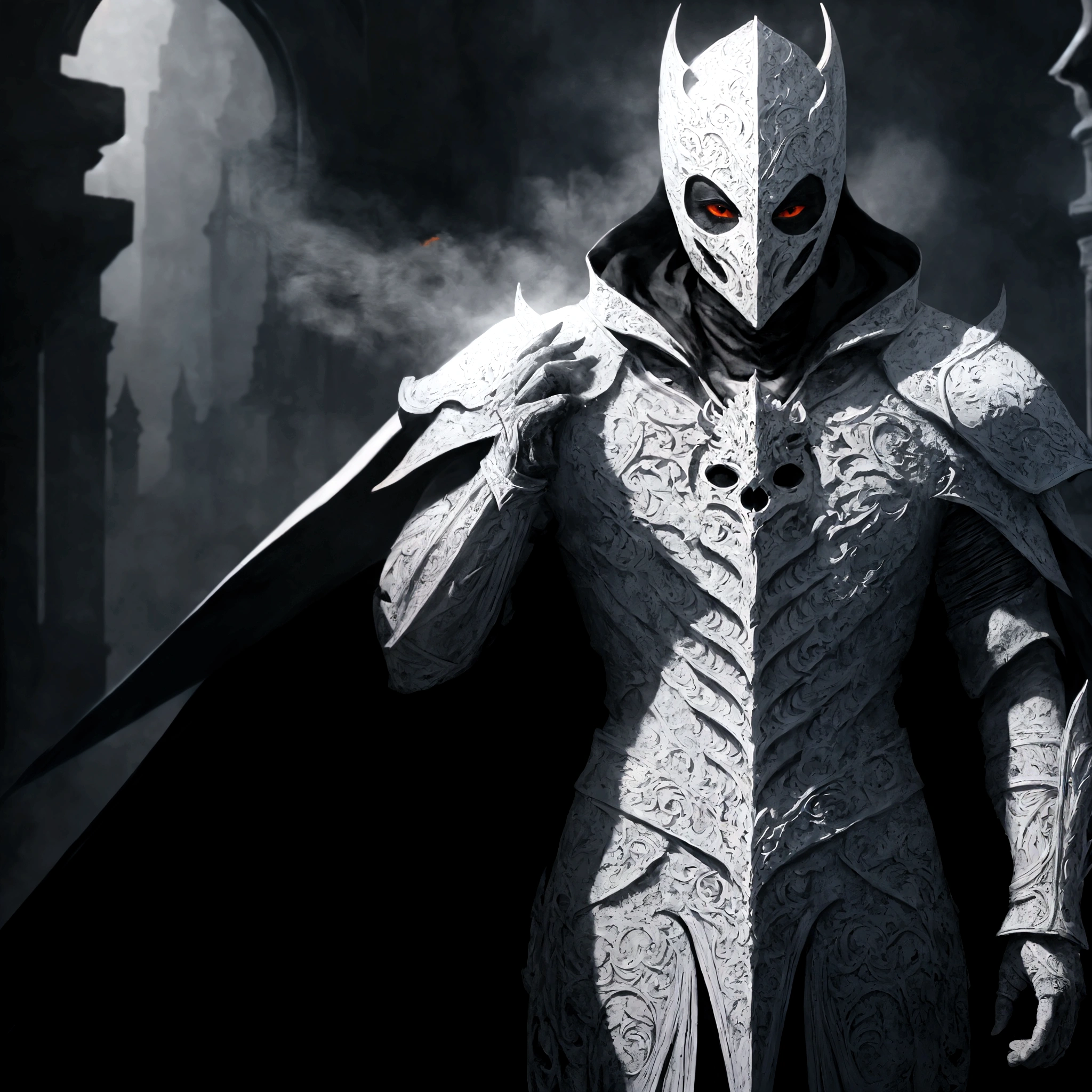 (extremely detailed 8k wallpaper), a medium shot photo of Grim dressed as a scary masked white smoke-supervillain in an orange armour made of white glowing armour from marvel, theme, intricate, high detail, dramatic, old building with white Shadows in the background