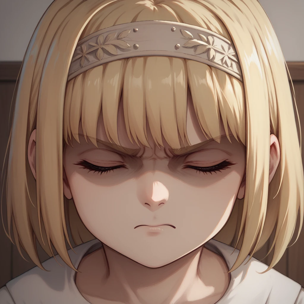 score_9, score_8_up, score_7_up, ymir fritz,1girl, solo, hairband, blonde hair, bangs, medium hair,shaded face,white dress, short sleeves, room, , close up, angry, closed eyes, head up, looking up, neck, swallow, swallowing,
