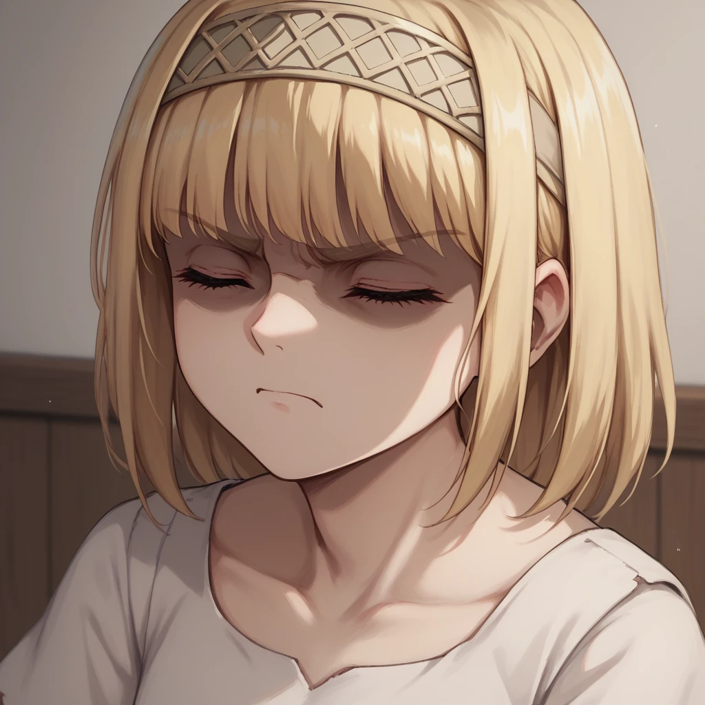 score_9, score_8_up, score_7_up, ymir fritz,1girl, solo, hairband, blonde hair, bangs, medium hair,shaded face,white dress, short sleeves, room, , close up, angry, closed eyes, head up, looking up, neck, swallow, swallowing,
