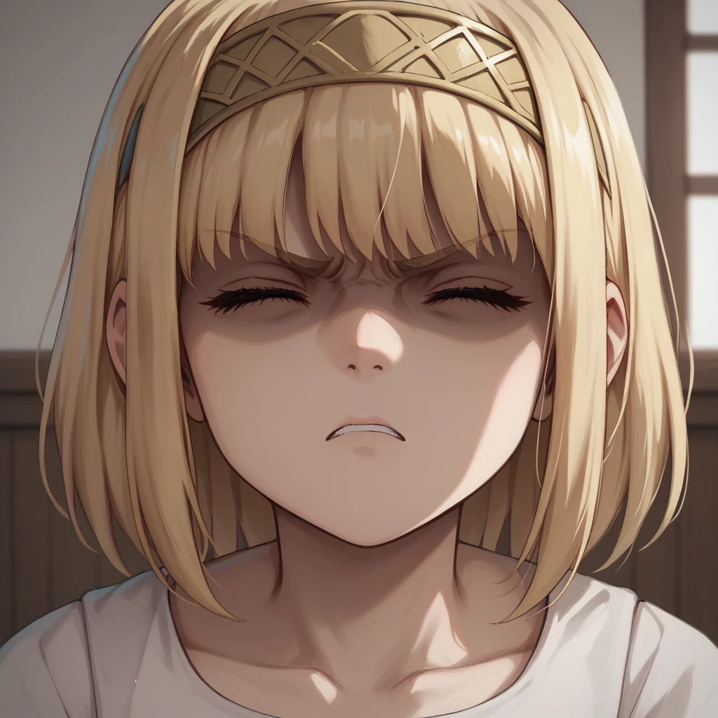 score_9, score_8_up, score_7_up, ymir fritz,1girl, solo, hairband, blonde hair, bangs, medium hair,shaded face,white dress, short sleeves, room, , close up, angry, closed eyes, head up, looking up, neck, swallow, swallowing,
