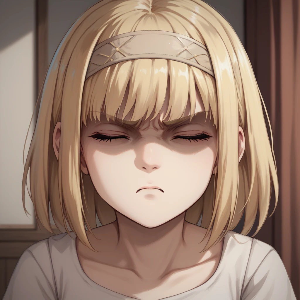 score_9, score_8_up, score_7_up, ymir fritz,1girl, solo, hairband, blonde hair, bangs, medium hair,shaded face,white dress, short sleeves, room, , close up, angry, closed eyes, head up, looking up, neck, swallow, swallowing,
