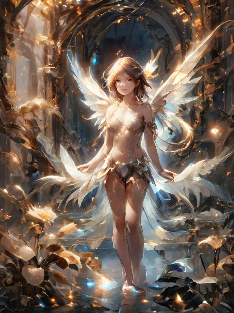 Faye, Full-length portrait of a girl,((Beautiful young girl with swan wings))、A perfect smile、 In a secret hideout, The enchanting garden invites you, Delicate flowers that give off a magical feeling, Makes objects made of Lal Amber appear transparent, Intricate details, Abstract, Whimsical,  