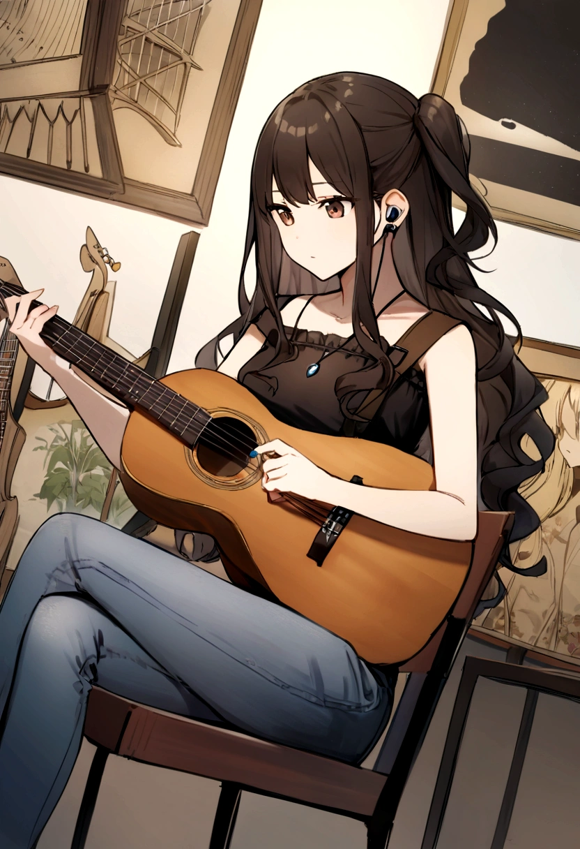 (work of art, maximum quality) 1 girl, musical instrument shop, alone , black blouse , brown dark eyes , holding a giaannini guitar ,earbuds, sit down, containment, guitar pick, instrument, long hair, music, one side up, jeans, hinterland, dynamic angle , Bblack hair , アニメ , brunette wavy hair