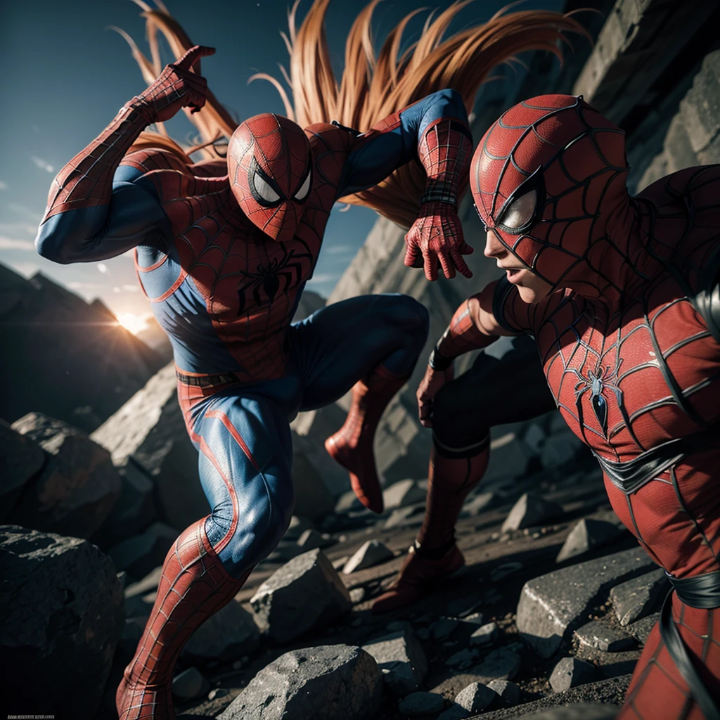 Goku fighting with spiderman, highly detailed, 8k, dramatic lighting, dynamic action pose, intense battle scene, muscular anatomy, superhero costumes, cinematic composition, vibrant colors, photorealistic style
