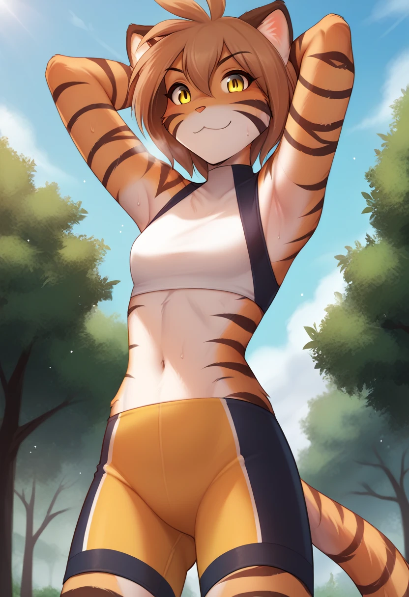 score_9, score_8_up, score_7_up, score_6_up, score_5_up, score_4_up, rating_safe, source_furry, a female anthro fluffy, 1girl, solo, female, furry, anthro, fluffy tail, small breasts, tiger, striped fur, yellow eyes, anthro, confused smile, light (blush:1.05), (sweat, sweaty, steam:1.2), (bottom view:1.1), park background, flora-twokinds, standing, looking at viewer, (shy:1.2),  hands behind head, personalamistyle, (sport suit:1.15), after workout, bottle of water on waist
