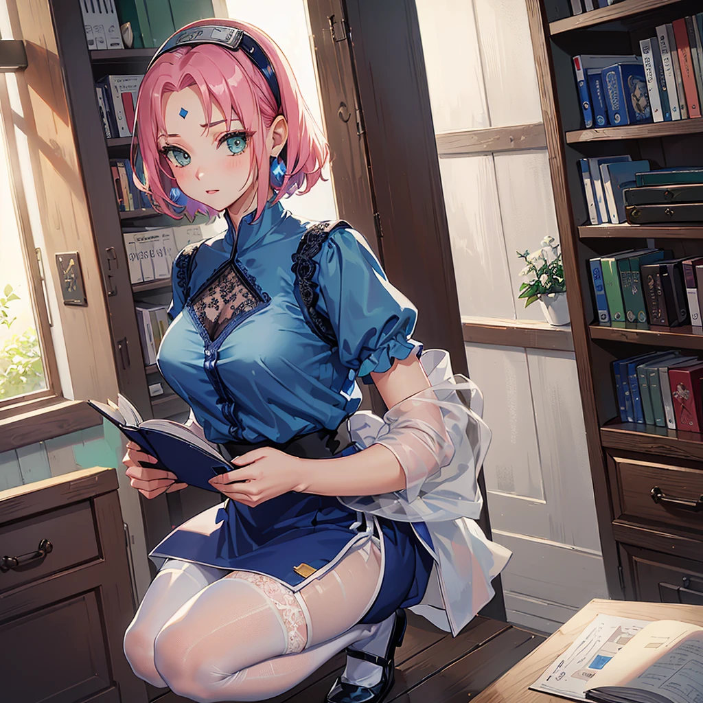 (best quality)), ((Masterpiece)), (Detailed), Perfect Face,1girl,harunoshipp, hairband, forehead protector,(office, bookshelf,office lady,milf, ( blue lace sheer shirts:1.3),(short sleeves:1.1),white panties, sheer leggings, shirt, skirt, squatting,